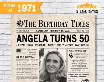 In the year 1971 birthday party decor - 50th birthday gift for her- Back In 1971 newspaper facts - The year you were born - digital sign