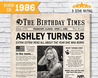 In the year 1986 birthday party decor - 35th birthday gift for her- Back In 1986 newspaper facts - The year you were born - digital sign