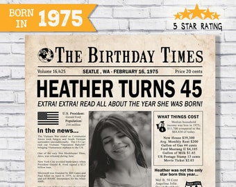 In the year 1975 birthday party decor - 45th birthday gift for her- Back In 1975 newspaper facts - The year you were born - digital sign