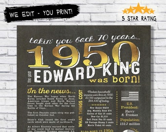 70th birthday poster - 70th birthday decorations - 70th birthday gift for him - back in 1950 poster printable - 70 years ago poster PFD/JPEG