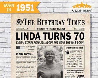 Affiche de journal de 70ème anniversaire - décoration de 70ème anniversaire - cadeau de 70ème anniversaire pour elle - retour dans le journal de 1951 - il y a 70 ans - photo