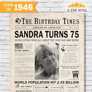 75th birthday newspaper poster -75th birthday decoration - 75th birthday gift for her - back in 1946 newspaper - 75 years ago - photo
