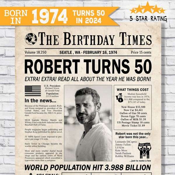 In the year 1974 birthday party decor - 50th birthday gift for him- Back In 1974 newspaper fun facts - The year you were born - digital sign