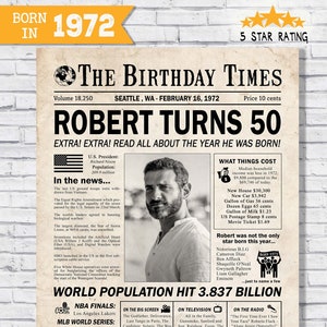 En 1972 Datos del periódico Póster - 50 cumpleaños Decoraciones IMPRIMIBLES - 1972 Signo de cumpleaños - Ideas de regalos de 50 cumpleaños para él