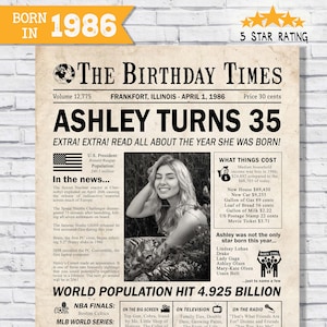 In the year 1986 birthday party decor - 35th birthday gift for her- Back In 1986 newspaper facts - The year you were born - digital sign