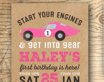 Race car birthday invitation - race car party invite - girls birthday invitation - vintage race car - first birthday chalkboard sold in shop