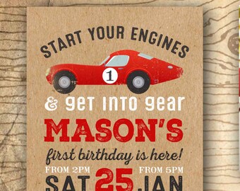 Race car birthday invitation - race car party invite - 1st birthday invitation - vintage race car - first birthday chalkboard sold in shop