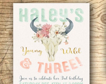 Young wild and three invitation  - 3rd birthday party invitation - Tribal invitation - Boho gypsy soul - You print third birthday invitation