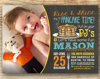 Boys 1st birthday party invitation - Pancake party invitation - Pancakes and Pajama party - first birthday - We edit u print chalkboard PDF