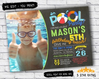 Pool party invitation boy - Pool party birthday invitation digital - pool party invite - thank you card - printable invitation with picture