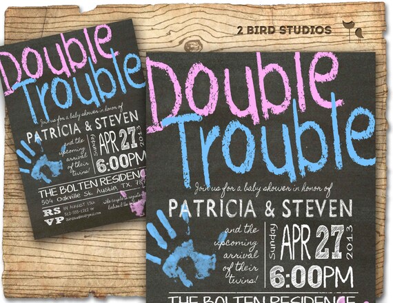 Twins baby shower invitation - Twins double trouble baby shower invite- DIY chalkboard twins baby shower Il_570xn