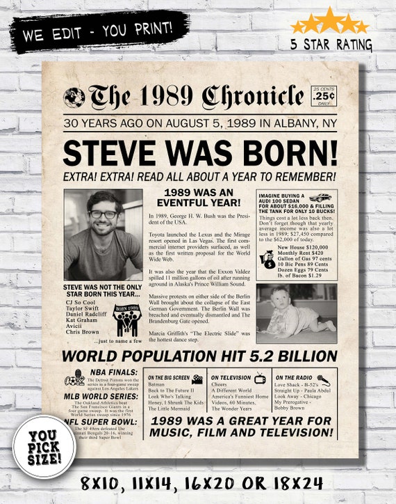 Back In 1989 Newspaper-Style DIGITAL Poster - 30th Birthday PRINTABLE Sign - 1989 Birthday - 30th Birthday Gift Ideas - photo printable Il_570xn