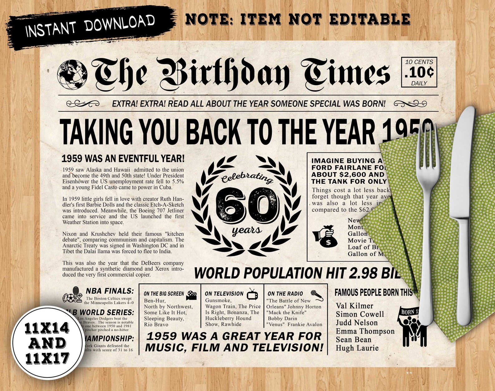 Back in 1959 Newspaper Place Mat DIGITAL Poster 60th Etsy