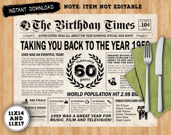 Back In 1959 Newspaper Place Mat Digital Poster 60th Birthday