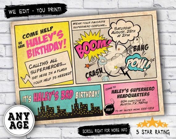 Superhero Invitation / comic book Superhero birthday invitation - DIY girl superhero party Il_570xn