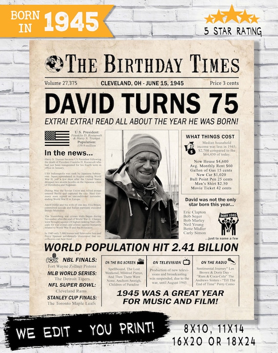 In the year 1945 birthday party decor - 75th birthday gift for him- Back In 1945 newspaper facts - The year you were born - digital sign Il_570xn
