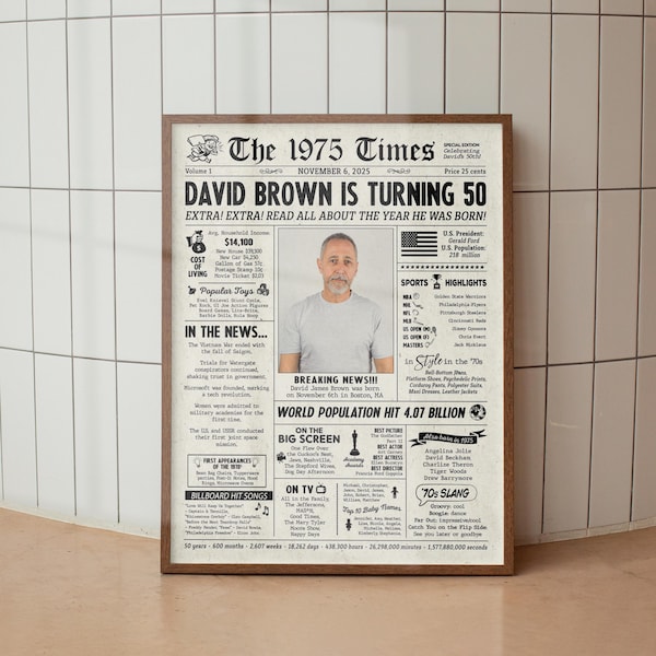 Decorazioni per la festa di compleanno del 1975 - Regalo per il 50° compleanno per lui - Curiosità dal giornale del 1975 - L'anno in cui sei nato - cartello digitale