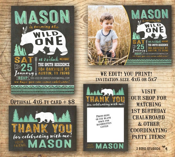 Wild one invitation - Tribal 1st birthday party - wild one first birthday party invitation - boho woodland bear - chalkboard - U print Il_570xn