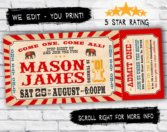 Circus invitation - Vintage circus birthday invitation - DIY circus or carnival ticket invite - printable invitation Il_570xn