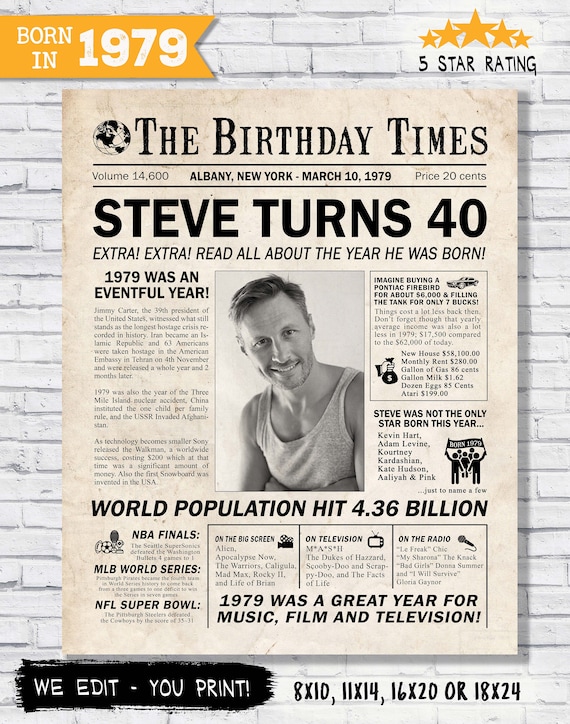 40th birthday newspaper poster - 40th birthday decoration - 40th birthday gift for him - back in 1979 newspaper - 40 years ago - you print Il_570xn