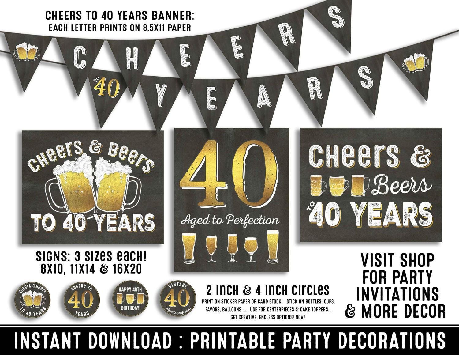 Printable 40th Birthday Party Decorations 40th Birthday Party for Him Cheers to 40 Years Cheers & Beers Instant Download Party Decor - Etsy black-white-and-gold-40th-birthday-party-diy-inspired