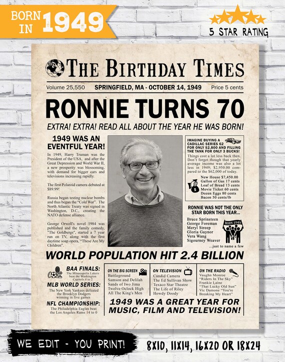 In the year 1949 PRINTABLE Newspaper Poster - Back In 1949 - 1949 facts for 70th birthday - Personalized digital - The year you were born Il_570xn