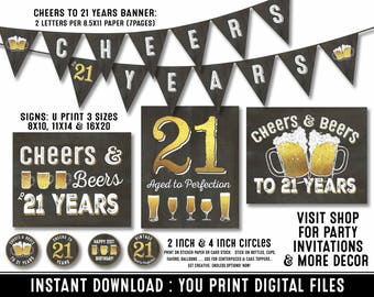 21st birthday party decorations - 21st birthday party for him - Cheers to 21 years - Cheers & Beers - Instant download party decor for her