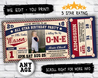 Baseball birthday invitation with picture- Baseball ticket invitation - Boys birthday party - Vintage baseball party - digital photo invite