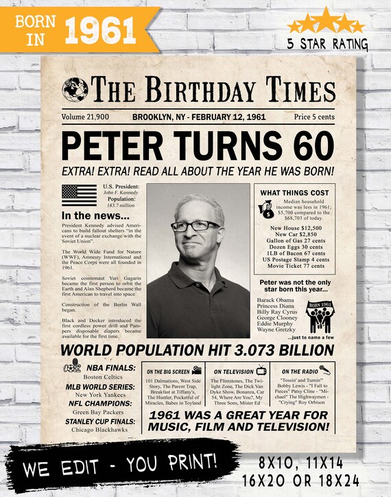 60th birthday newspaper poster - 60th birthday decorations - 60th birthday gift for him - back in 1961 newspaper - 60 years ago - you print Il_570xn