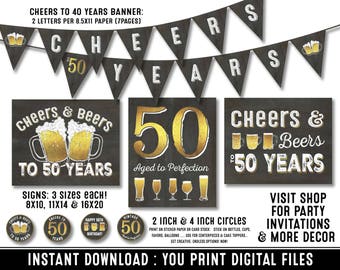 Décorations de fête du 50e anniversaire - Fête du 50e anniversaire pour les hommes - Bravo à 50 ans - Cheers & Beers - Décor de fête à téléchargement instantané pour lui