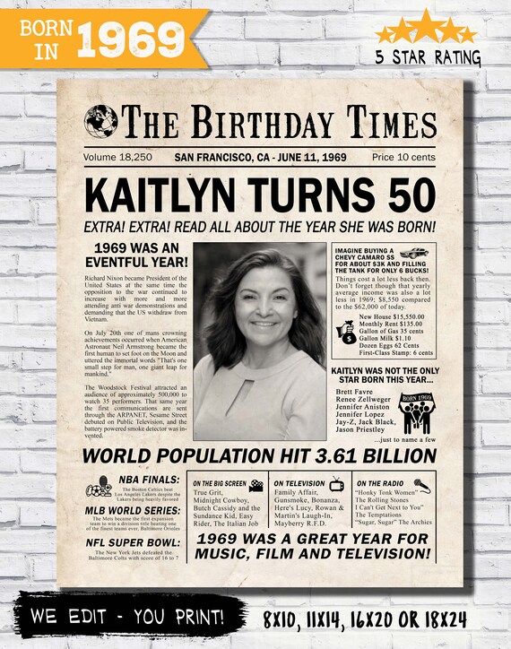 11x14 1969 Birthday Gift Back In 1969 Newspaper Poster 50th Birthday Gift 50th Party Decoration 50th Birthday Sign Born In 1969 Print Handmade Products Artwork