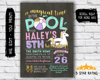 Pool party invitation - Licorne piscine party invitation - invitation Licorne - Licorne fête invitation - numérique tableau noir imprimable