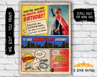 VINTAGE Superhero birthday invitation / Superhero party invite  - DIY vintage comic book printable invitation