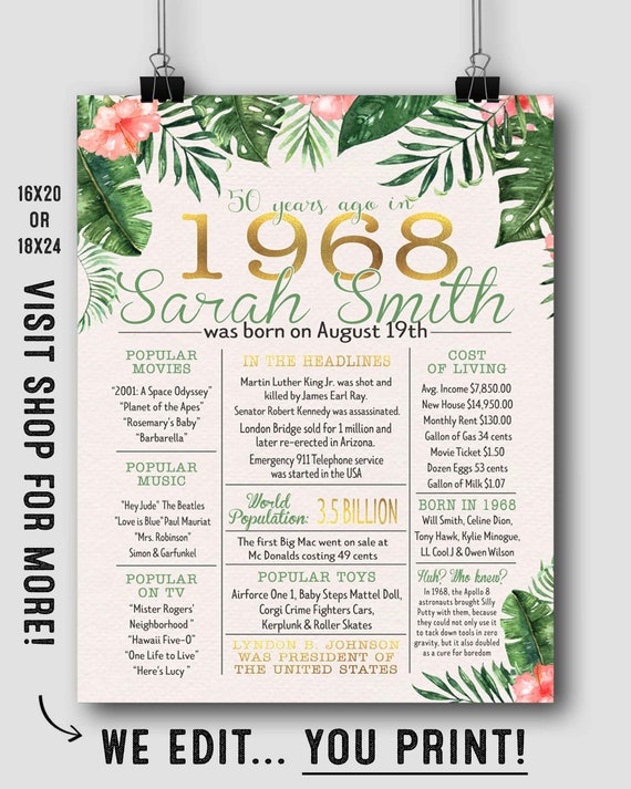 50th Birthday Sign for her - 50 years ago back in 1968 sign - 50th birthday for her - Customized birthday sign - 50th birthday printable Il_570xn