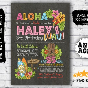 Hawaiian birthday invitation Luau birthday invitation Hawaiian Luau party invite Summer birthday party invitation Chalkboard DIY image 1