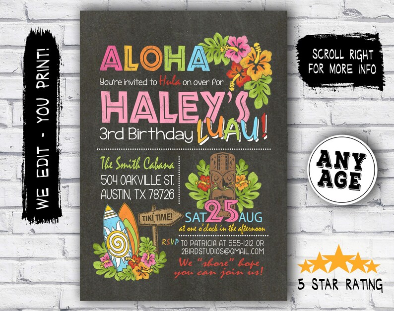 Hawaiian birthday invitation Luau birthday invitation Hawaiian Luau party invite Summer birthday party invitation Chalkboard DIY image 1