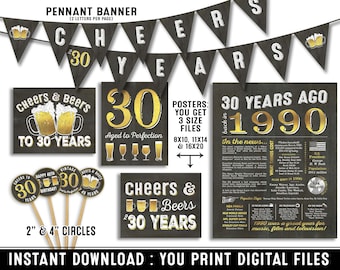 30th birthday party decorations - 30th birthday party for him - Cheers to 30 years - Cheers & Beers - Instant download party decor for men