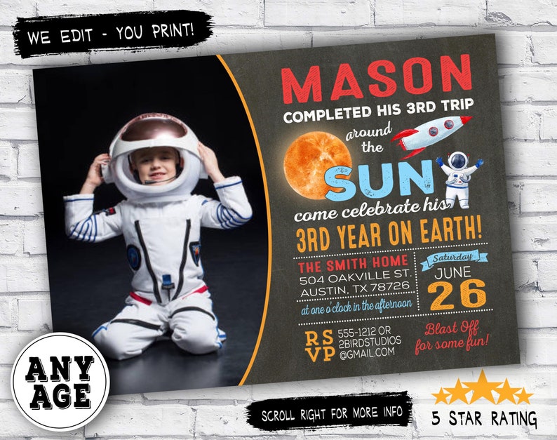 Outer Space birthday invitation Outer space invitation OuterSpace invitation with Rocket & Astronaut Trip around sun printable invite image 1
