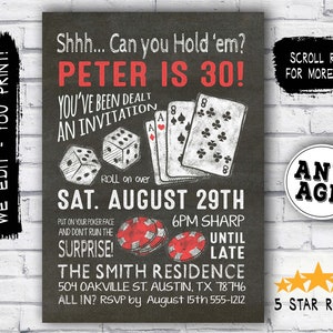 Surprise 30th birthday invitation - Casino theme party invitation - Surprise birthday invitation - 30th birthday invitation for him -u print