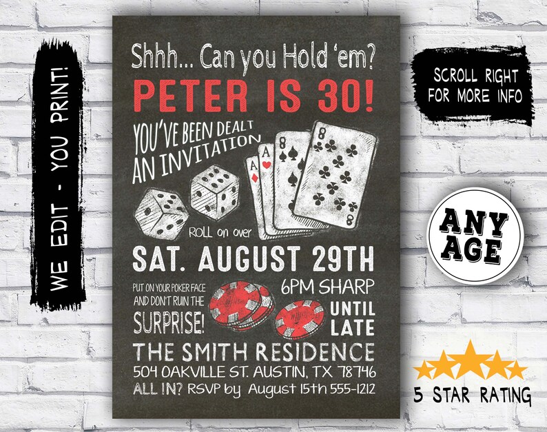 Surprise 30th Birthday Invitation Casino Theme Party Etsy