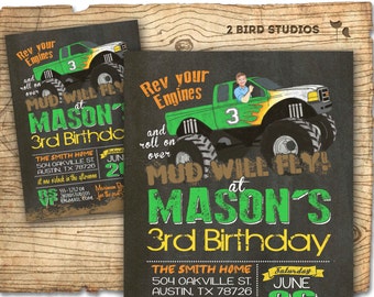 MONSTER Truck Invite - Monster Truck Birthday - GREEN Monster Truck Party -  Chalkboard DIY printable invitation for boys birthday party