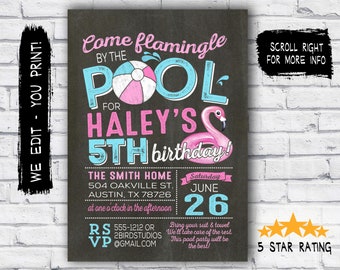 Pool party invitation - invitation de fête flamingle piscine flamingo fête invitation - invitation flamingo - - numérique tableau noir imprimable