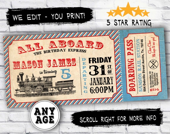 Train invitation - Train ticket birthday party invitation- Train party invite- DIY printable invitation Il_570xn