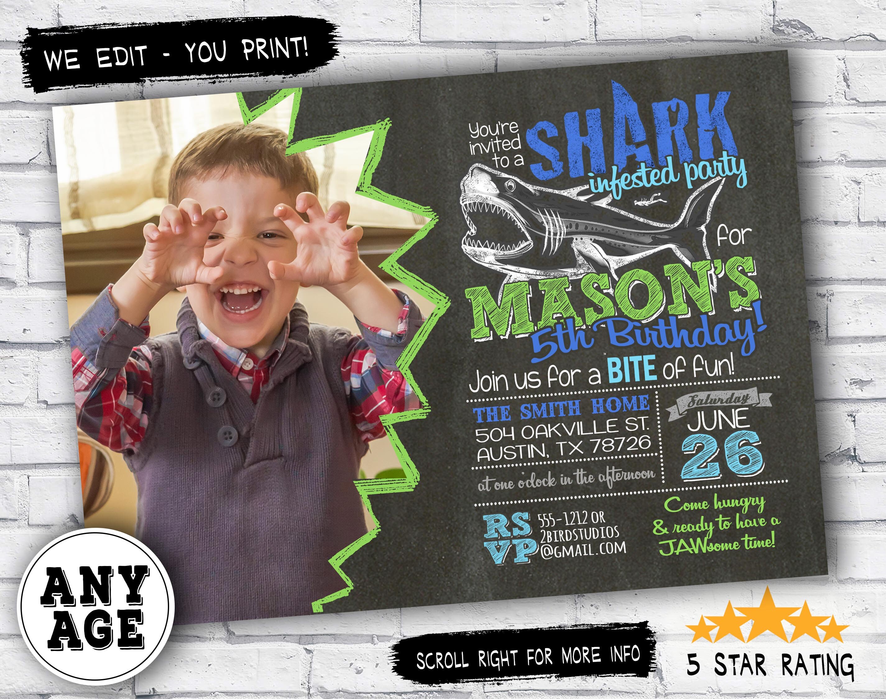 Shark birthday party invitation Shark birthday invitation Etsy