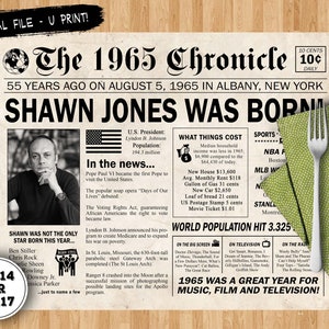 55th birthday party decorations for him - in the year 1965 newspaper placemat - 55 years ago fun facts place mat - 55th birthday decor