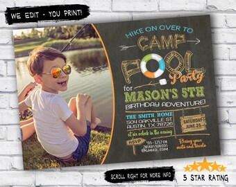 Pool party invitation - Camp birthday invitation for pool party - printable pool party invitation - Camping invite - Printable chalkboard