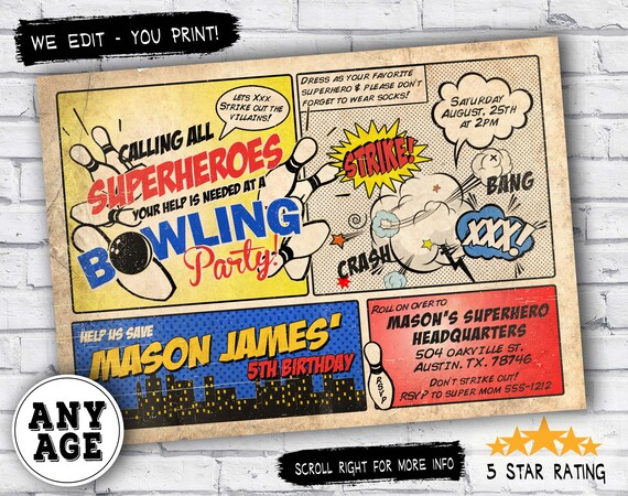 Bowling superhero party invitation - Superhero bowling party invitation - bowling birthday and superhero birthday invitation - you print! Il_570xn