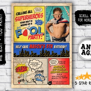 Superhero Pool Party Einladung - Pool Party Superheld Einladung - Printable Superheld Einladung zur Pool Party Geburtstag - Vintage DIY