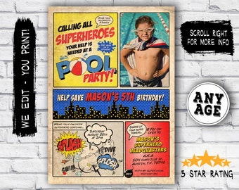 Superhero pool party invitation - Pool party superhero invitation - Printable super hero invitation for pool party birthday - vintage DIY