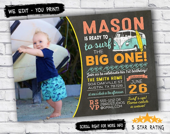 Surf invitation - vintage beach summer party invite - surfboard invitation with camper van - vintage DIY printable invitation - surf's up Il_570xn